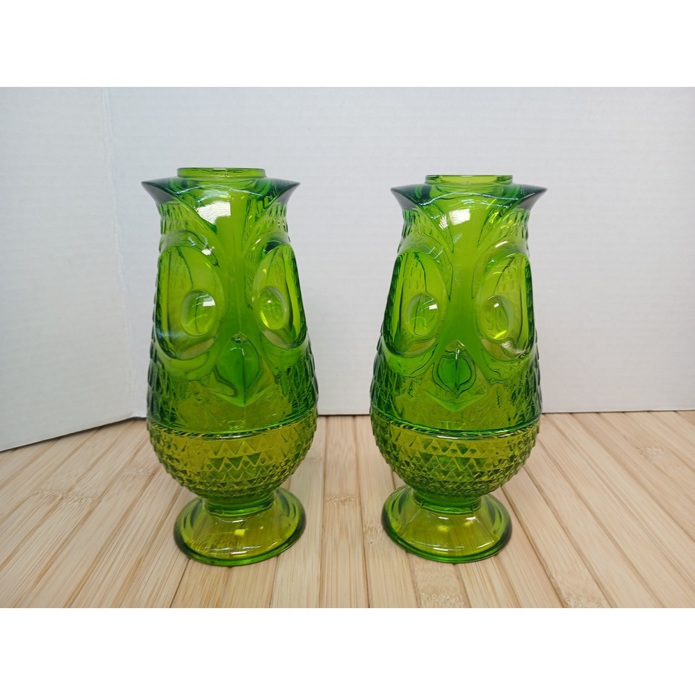 Viking Glass Owl Fairy Lamp 2 Piece Avocado Green MCM Glimmer Light Vintage